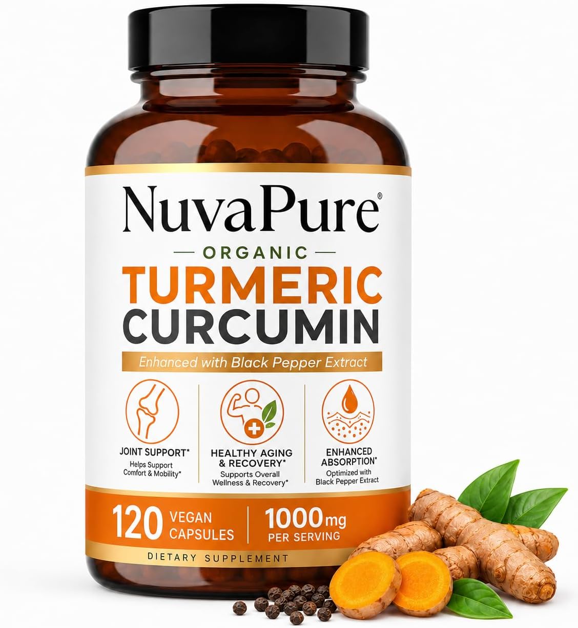 NuvaPure Turmeric Curcumin with Black Pepper – Organic Formula for Enhanced Absorption, Vegan Joint & Daily Wellness Supplement