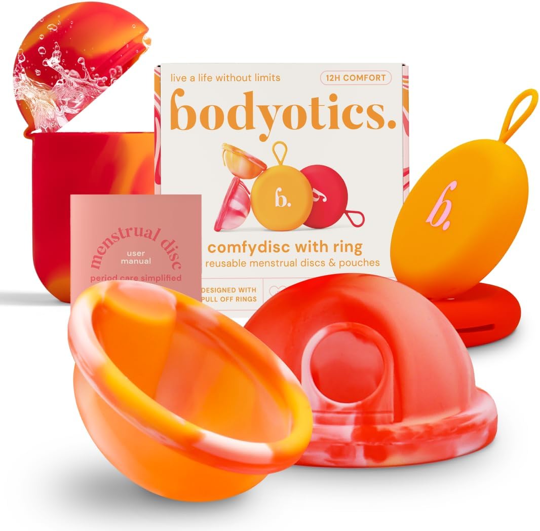Bodyotics Reusable Menstrual Disc & Case Bundle – (S & L), Red/Orange | Reusable Menstrual Disc Set with Portable Silicone Cleaning and Storage Container for Your Cycle