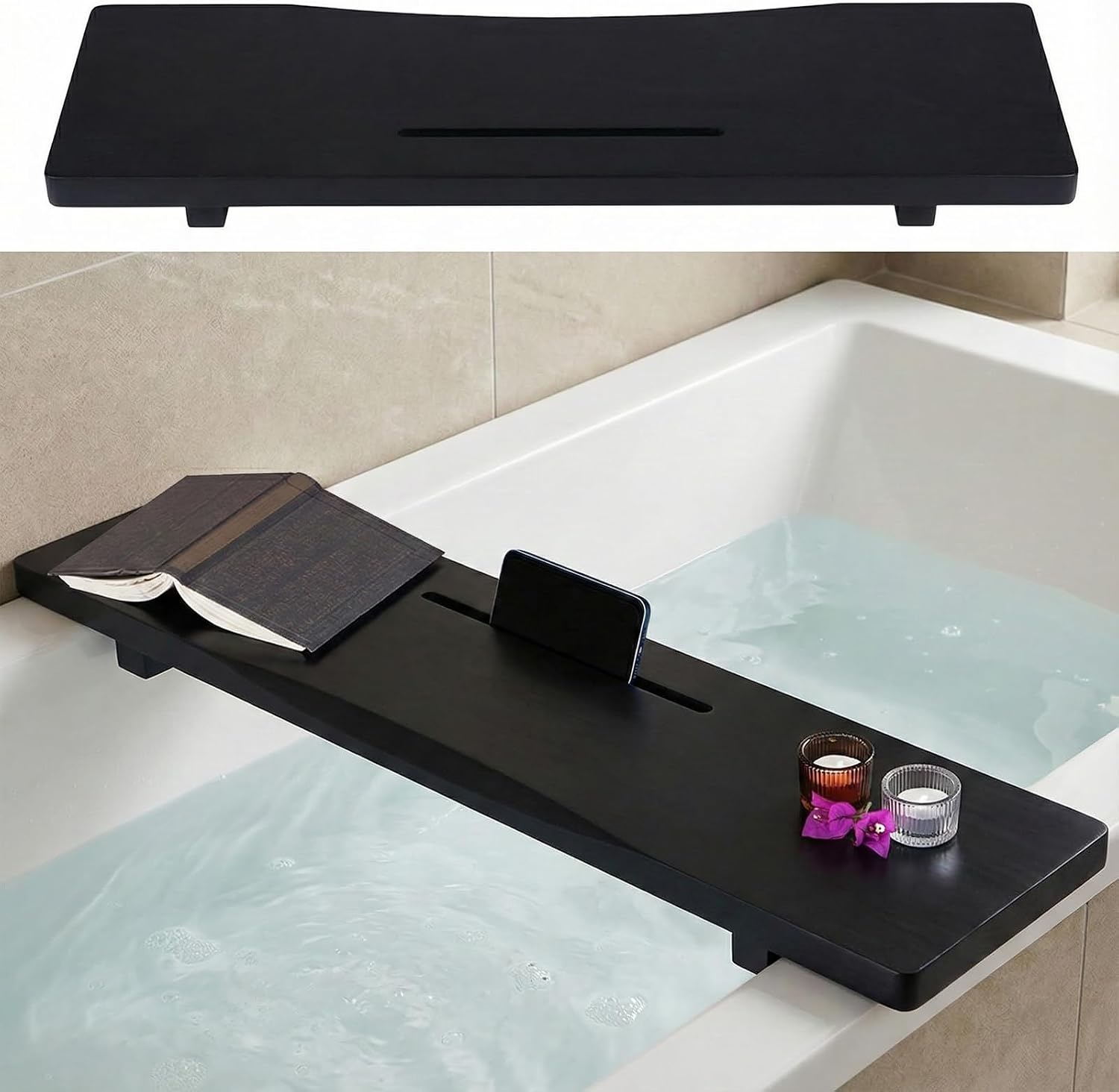 Black Bamboo Bathtub Tray Caddy with Adjustable Legs, for Standard Tub