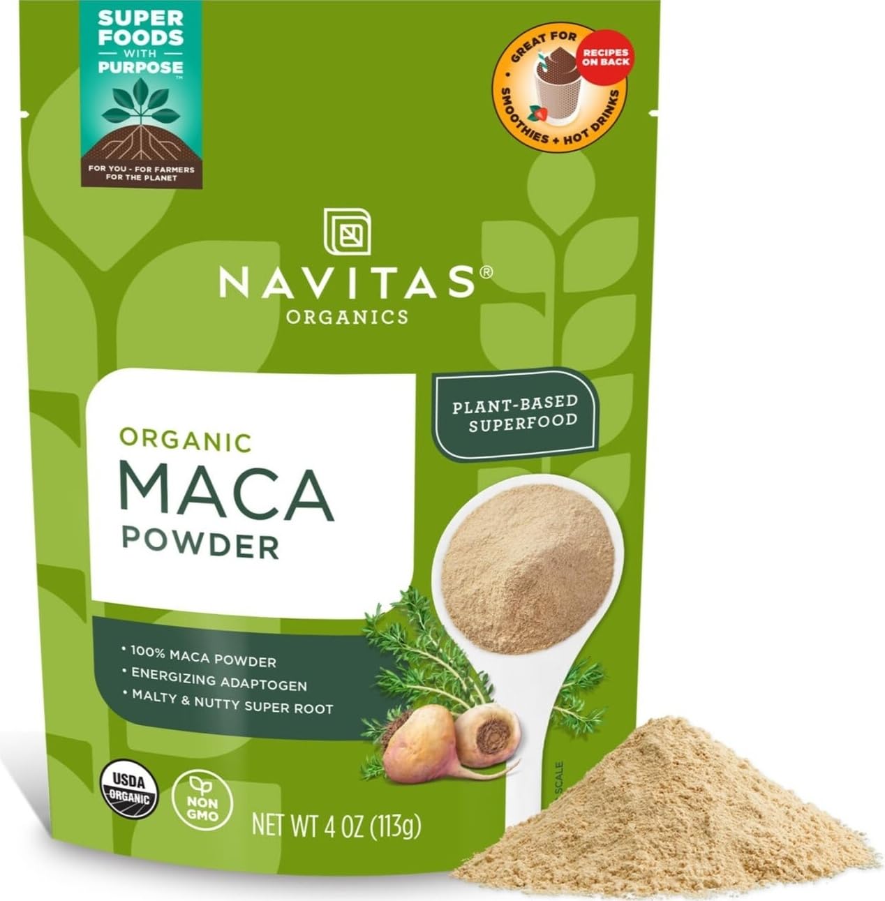 Navitas Organics Maca Powder – 100% Gelatinized Peruvian Maca for Adaptogen Smoothies, Lattes, Baking & More – Energize & Balance – USDA Organic, Non GMO, Vegan, Gluten Free (4oz. Bag, 23 Servings)