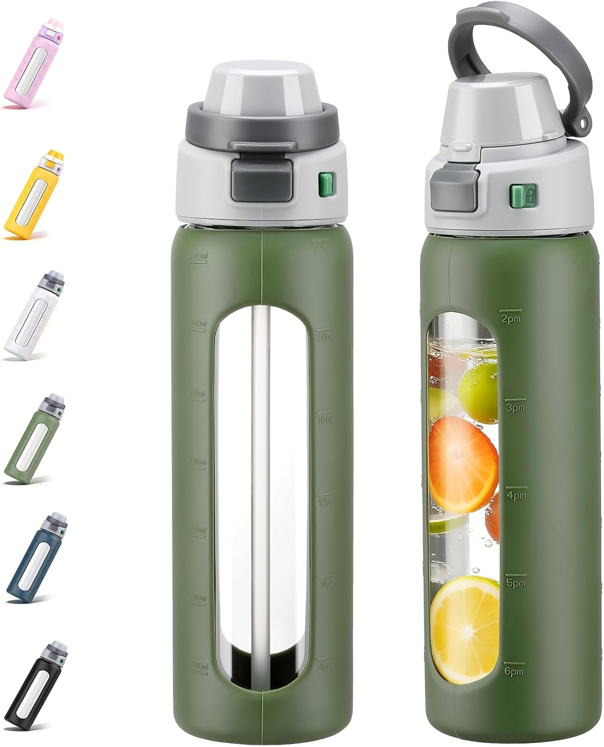 MUKOKO 2-in-1 Borosilicate Glass Water Bottle with Straw for Sports and Travel, 24oz Drinking Bottle with Silicone Sleeve, BPA Free, Leak Proof, Olive