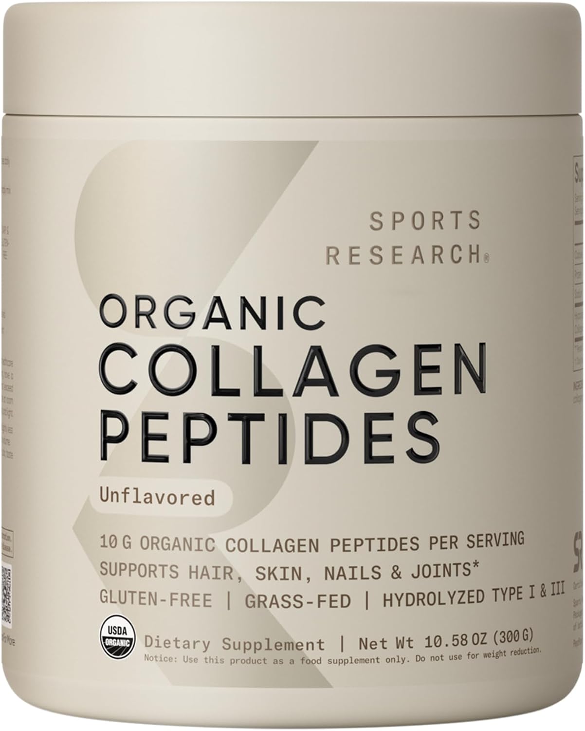 Sports Research® Organic Collagen Peptides Powder, 10.58oz (Unflavored) | Hydrolyzed Type I & III Made Sustainably from Grass-Fed Cows – USDA Organic, Non-GMO, Gluten Free – 30 Servings