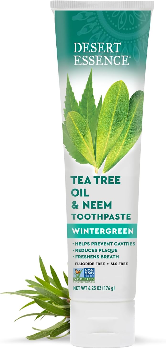 Desert Essence Tea Tree Oil and Neem Toothpaste, Wintergreen, 6.25 oz | Fluoride-free formula with baking soda and sea salt helps clean teeth and freshen breath; vegan and SLS-free