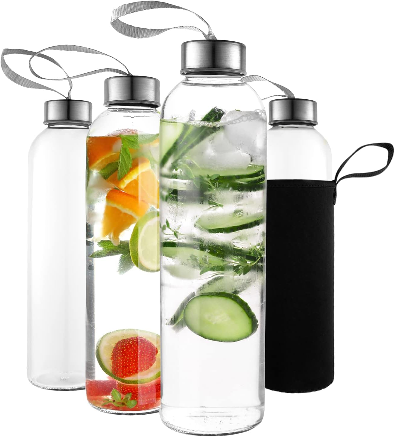 Kitchen Lux 18oz Glass Water Bottles – Pack of 4 Nylon Protective Sleeves, Airtight Screw Top Lids, Portable Carrying Loops – Lead, PVC and BPA Free – Water, Milk, Smoothie, Juice Beverage Glasses (4)