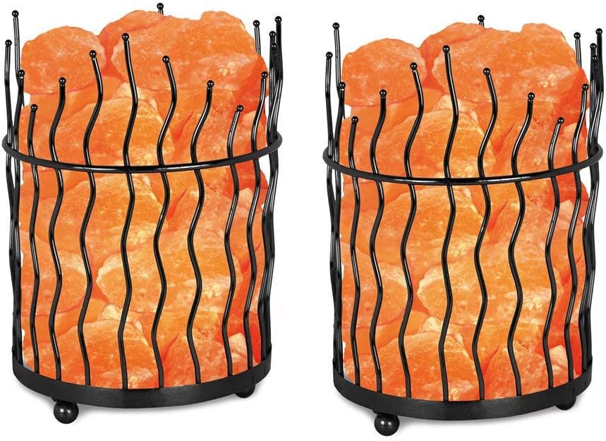 Himalayan Glow Pillar Style Basket Lamps, Pure Himalayan Salt Basket Night Lamp with Salt Chunks, Light Bulb and Dimmable Switch (2-Pack)