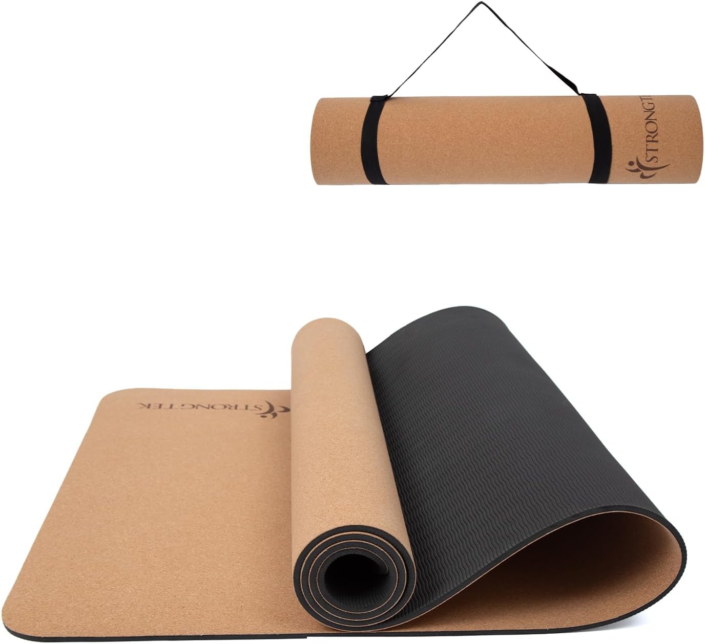 StrongTek Cork Yoga Mat, Eco-Friendly, TPE Base, 7 mm, 72 x 24 in | Natural Non-Slip Grip, Cushioned Support, Durable Surface, 2 lb Lightweight, Hot Yoga, Pilates, Home Fitness, Carry Strap