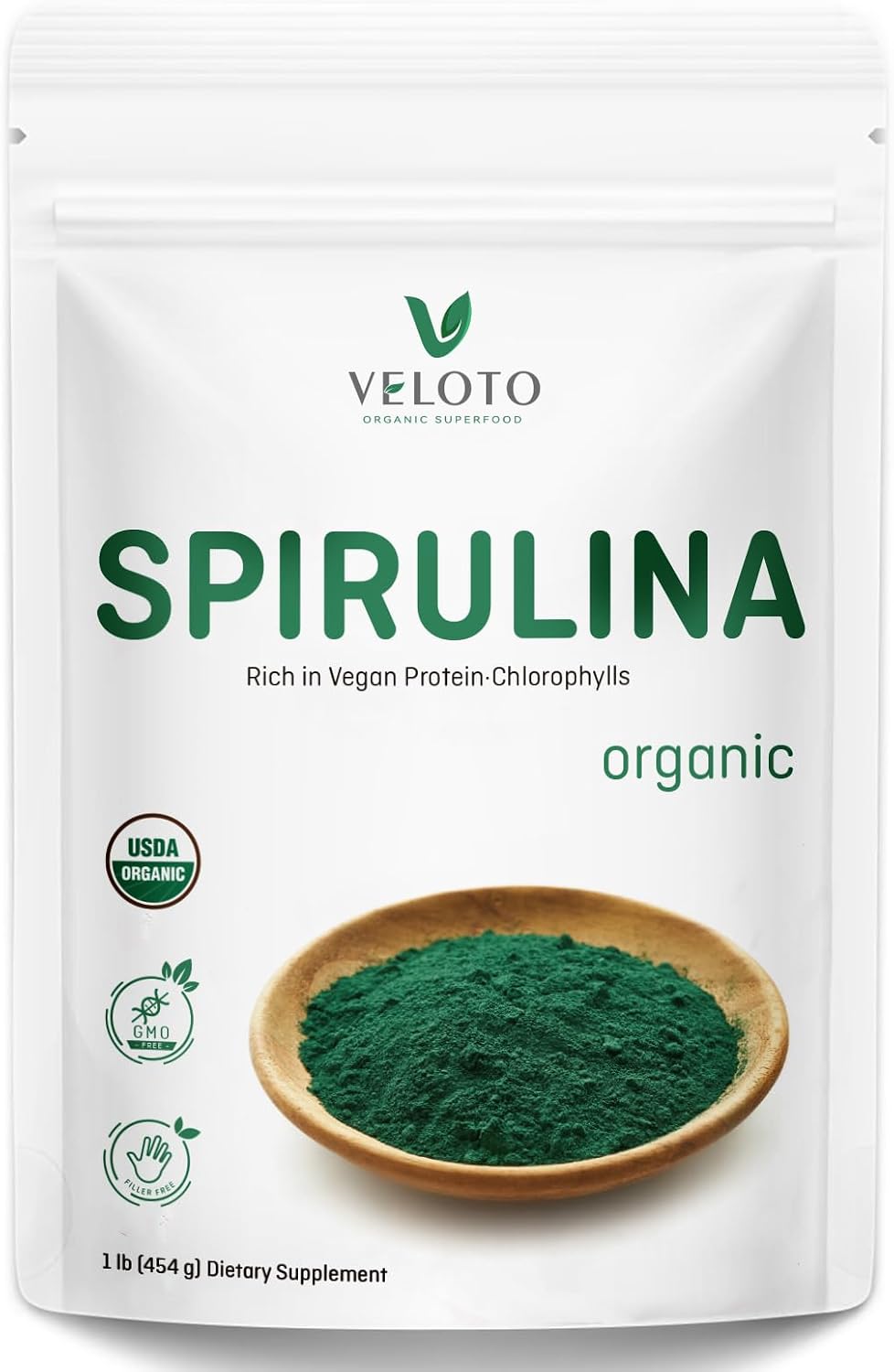 VELOTO Organic Spirulina Powder, Natural Green Superfood (16 oz)