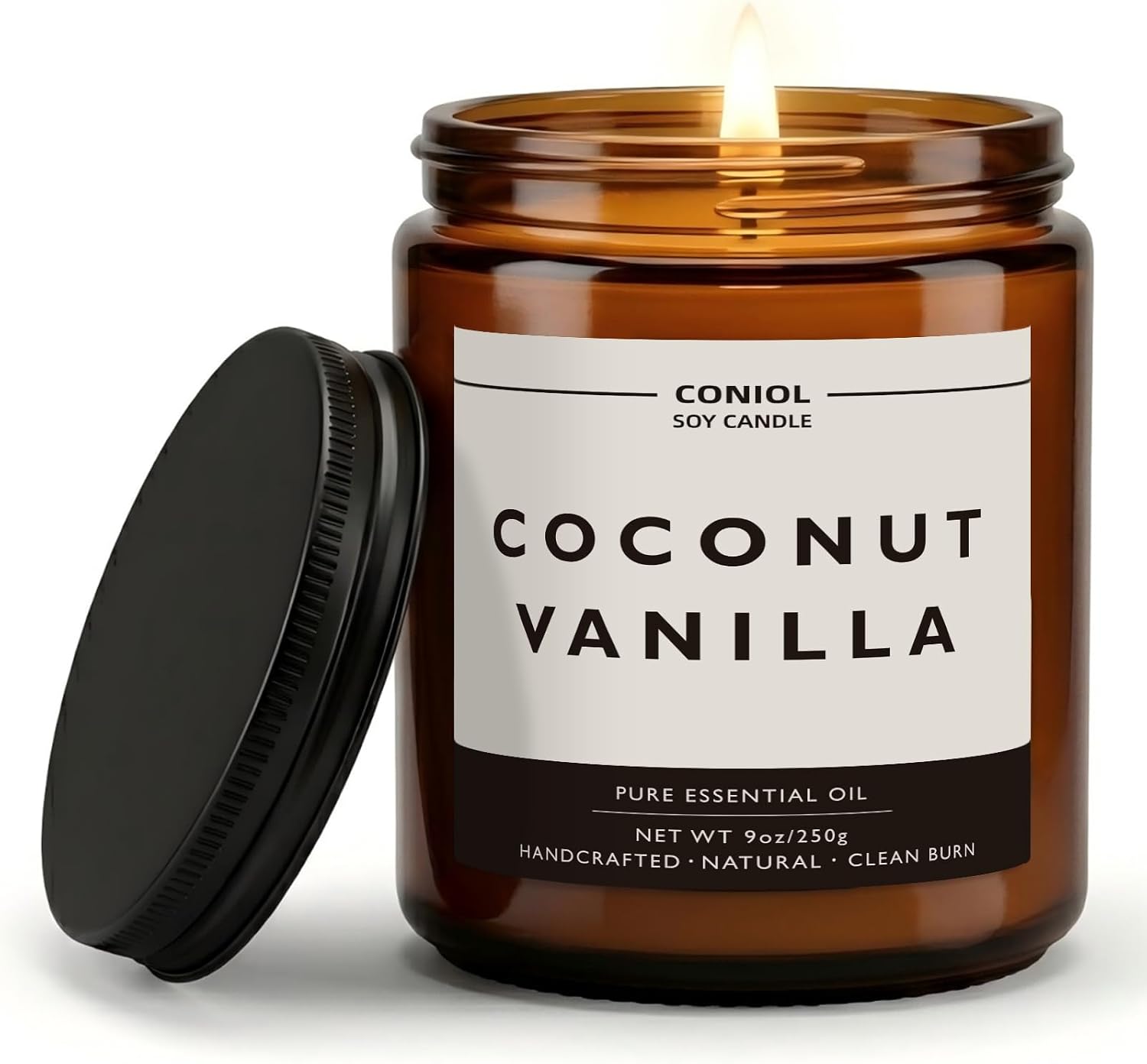 Coconut Vanilla Scented Candles for Home, Natural Soy Wax Candle with Essential Oils, 9oz Amber Jar Aromatherapy Candel, 50H Long & Non-toxic Burning, Hand Poured, Giftable, Relaxation,Birthday