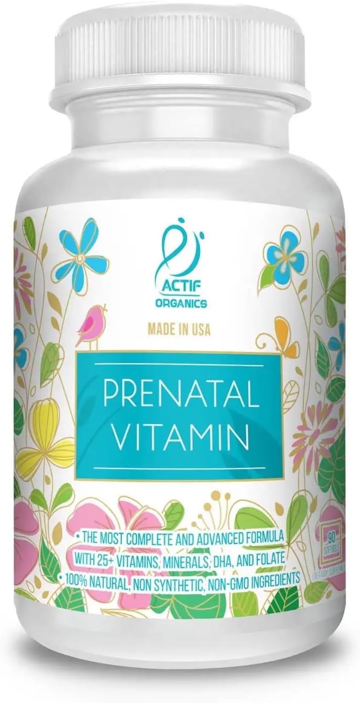 Actif Organic Prenatal Vitamin with 25+ Organic Vitamins, 100% Natural, DHA, EPA, Omega 3, and Organic Herbal Blend – Non-GMO, 90 Count