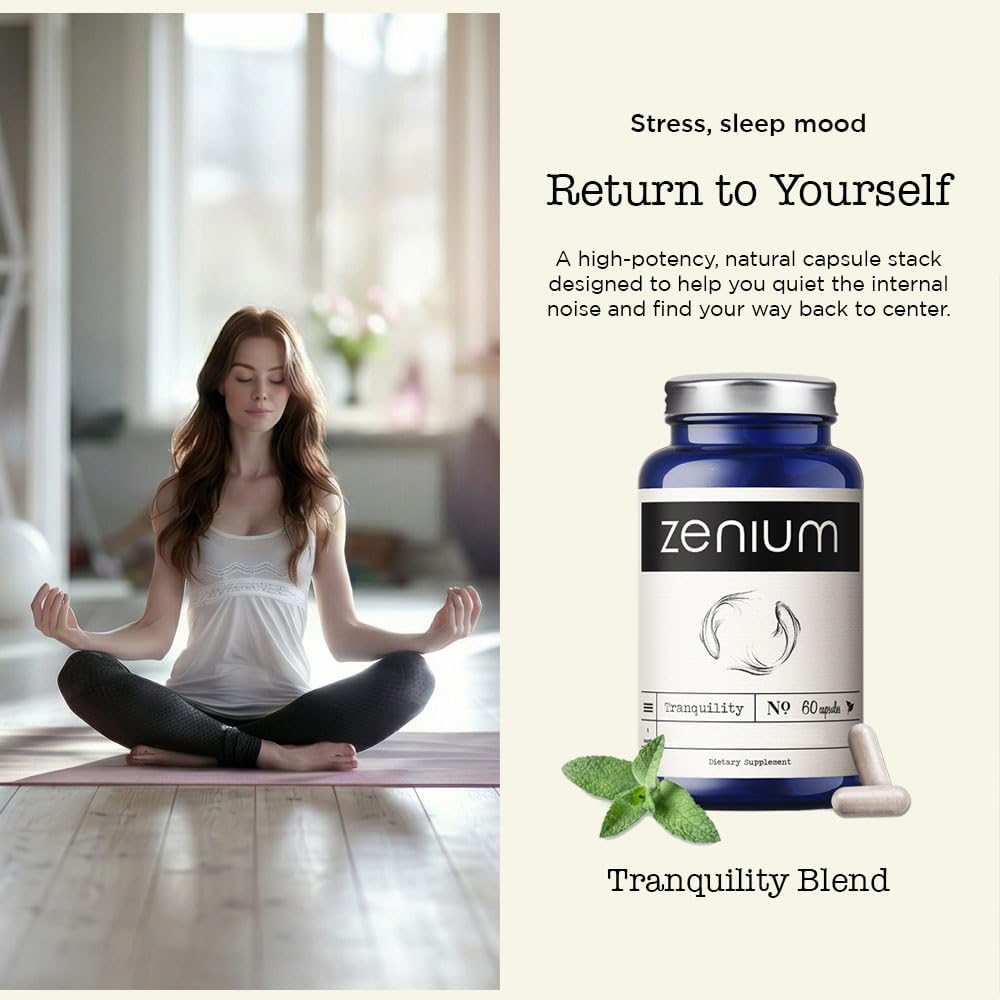 Zenium Stress Relief Supplement Supports Mood & Mental Focus – Feel Calm & Relaxed – Eases Tension & Nervousness – Ashwagandha, Magnesium & L-Theanine – Sarpagandha Inspired – 60 Capsules
