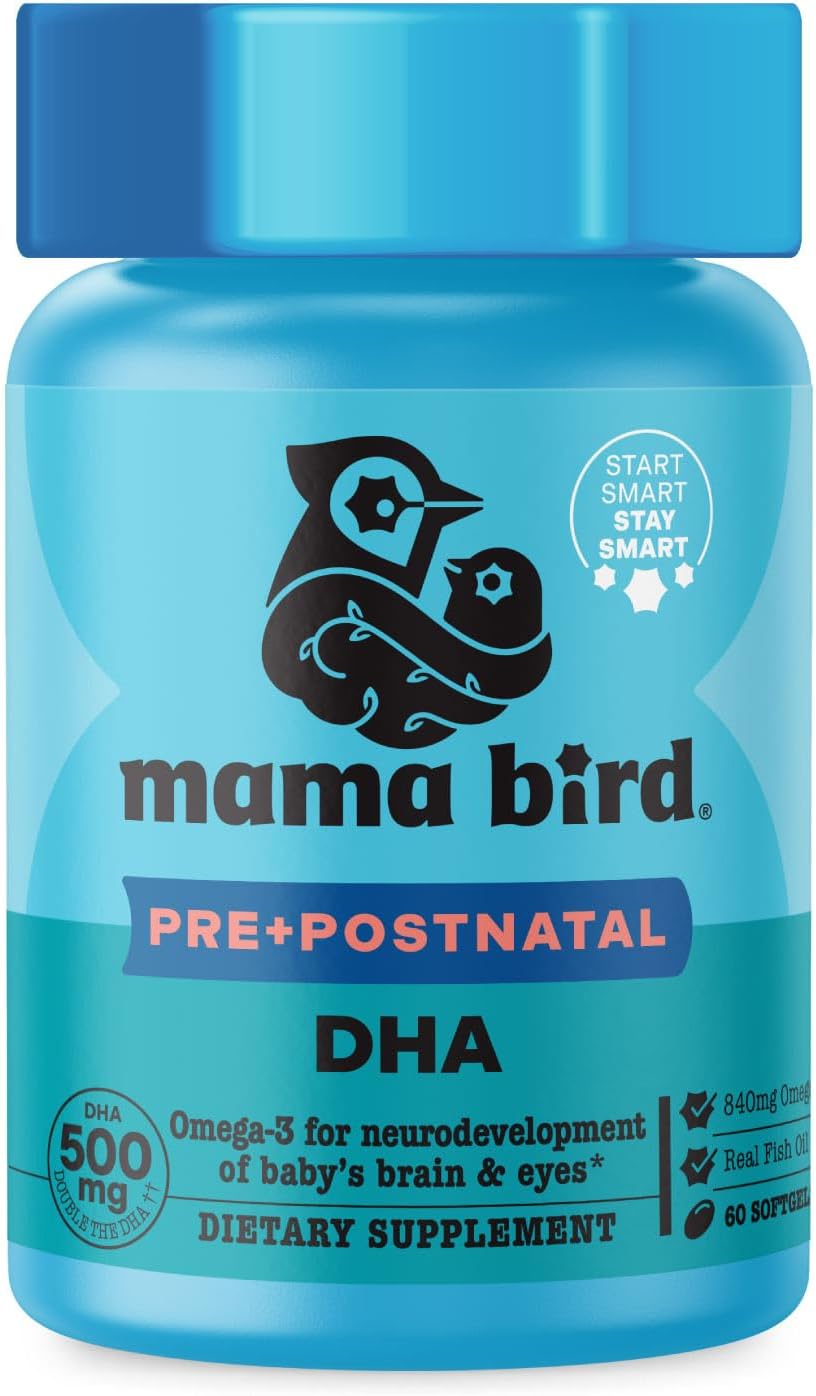 Mama Bird – Pre+Postnatal DHA (30 Servings) Omega 3 Fish Oil 500mg DHA – Lemon-Infused Softgels – Mom & Baby Brain Health – Post+Prenatal Vitamins for Women – Gluten Free, Non GMO
