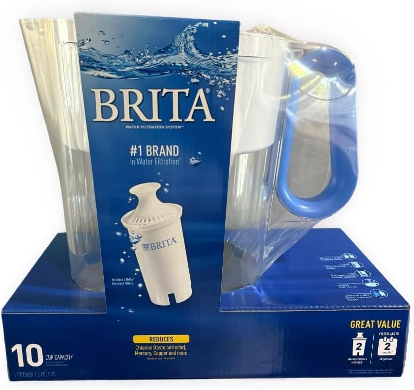 Brita Large Water Filter Pitcher with 2 Standard Filters, 10-Cup Capacity, BPA-Free, Blue, Reduces Chlorine Mercury Copper