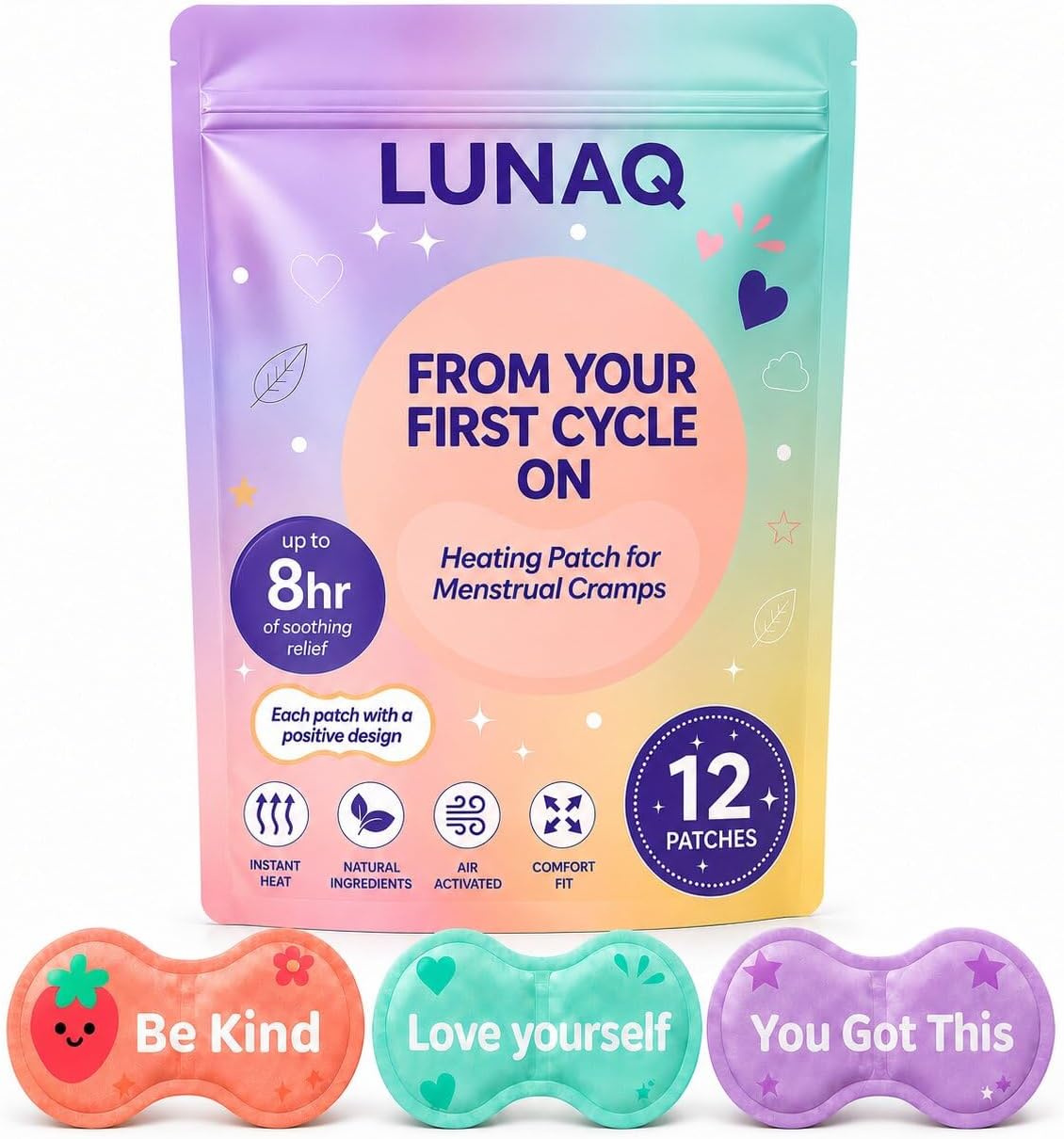 LUNAQ Menstrual Heating Patches for Period Cramps, 12 Count – Disposable Heating Pad Period Cramps Relief – Period Pain Relief kit Heat Patch for Teen Girls, Tweens & Women – 6 Designs