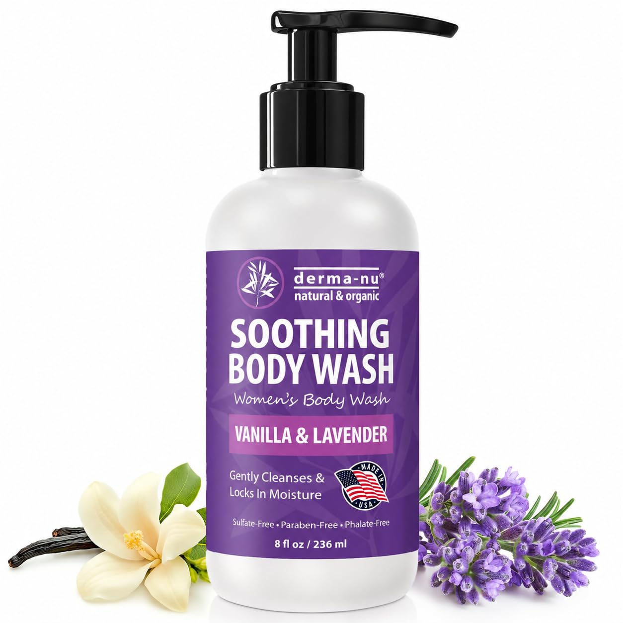 Derma-Nu Lavender & Vanilla Body Wash with Tea Tree Oil — Soothing & Purifying Shower Gel for Women | Odor Control Body & Foot Wash | Moisturizing | All Skin Types | Sulfate & Paraben Free — 8 oz