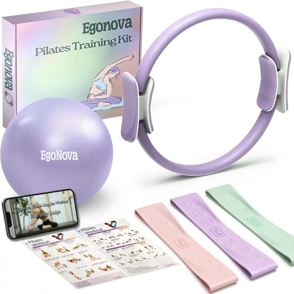 Pilates Ring Set: 35cm Magic Circle with Dual Padded Handles, Pilates Mini Ball, and Resistance Bands (15, 25, 35 lbs) for Strength, Flexibility, Stability, and Body Toning