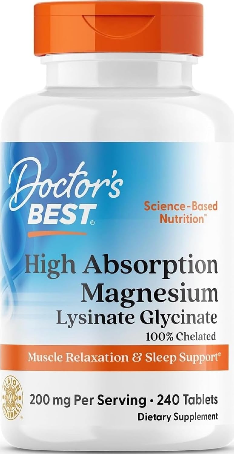 Doctor’s Best High Absorption Magnesium Glycinate Lysinate, 240 Count | Supplement for Sleep Support, Chelated Magnesium Tablets for Women & Men, 200mg per Serving, Calm & Relaxation Support, Vegan