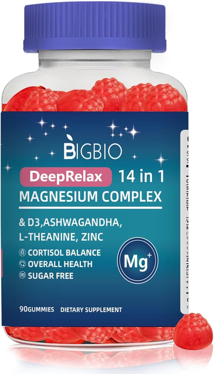Magnesium Complex 14-in-1 Gummies Sugar-Free – with Ashwagandha, L-Theanine, D3 & Zinc – Cortisol Supplements for Women – Berry Flavor 90 Gummies 45 Servings