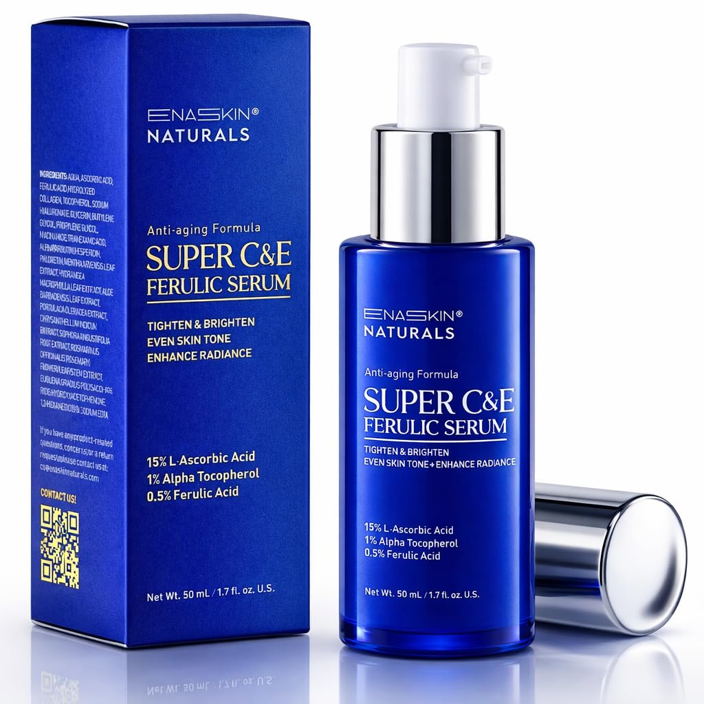 Vitamin C Face Serum for Anti Aging: Enaskin Naturals Super C Serum with Ferulic Acid for Women Mature Skin, Premium Formula Vit C Facial Serum for Brightening Dark Spots and Glowing up Skin – 1.7 Oz