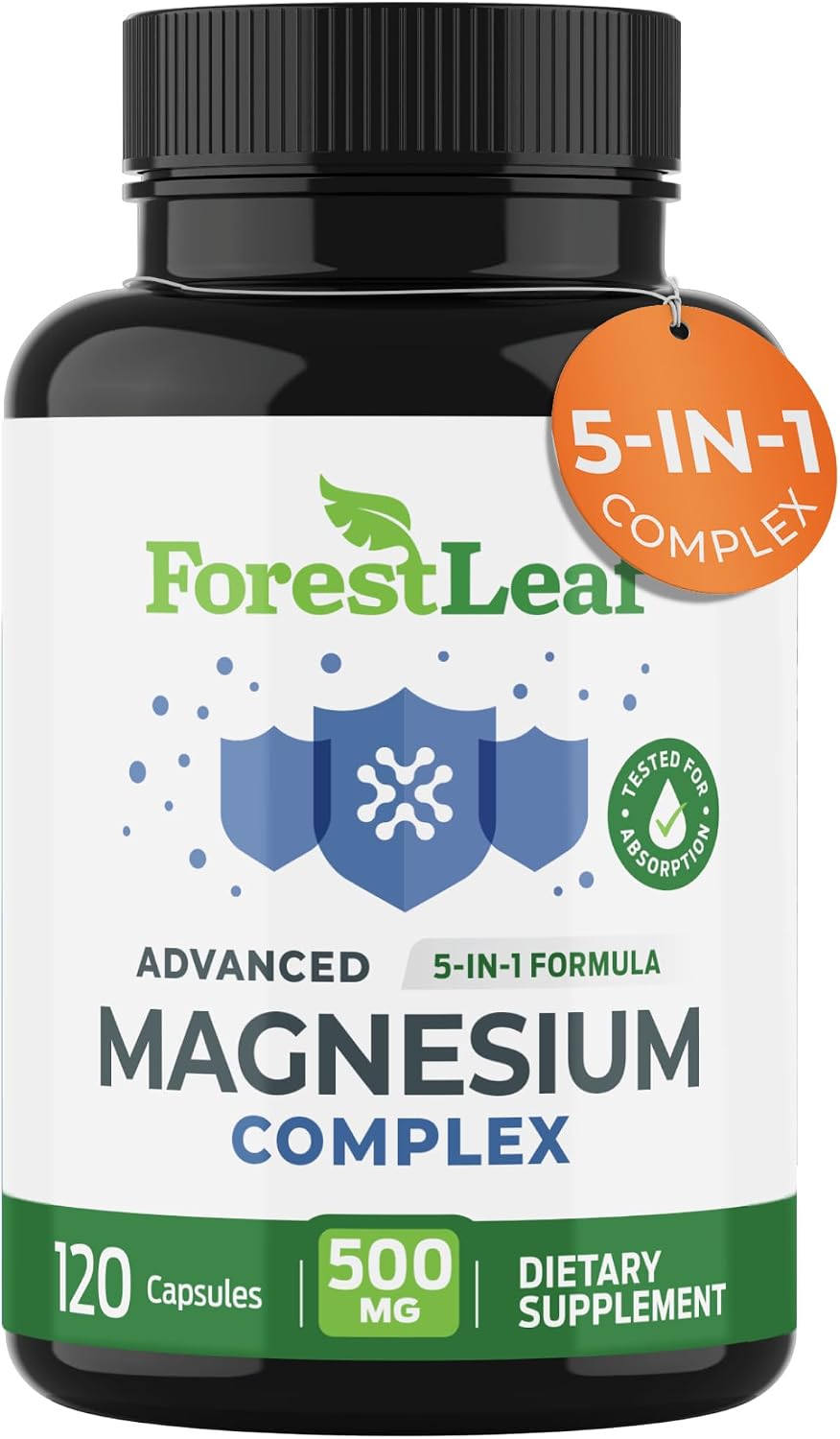 ForestLeaf Magnesium Complex for Women and Men – 500mg Magnesium Supplement for Sleep – 5-in-1 Chelated Magnesium Citrate, Bisglycinate, Malate, Taurate, Oxide (120 Ct)
