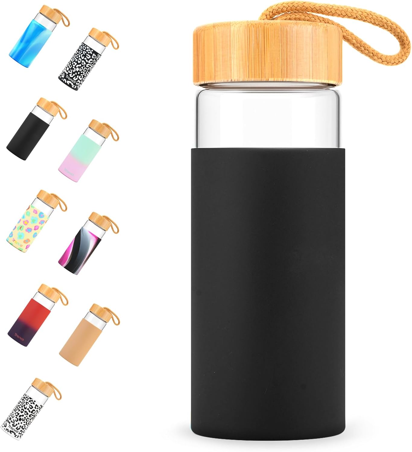 Tronco 20 oz Glass Water Bottles with Lids, Reusable Borosilicate Glass Bottles with Bamboo Lid & Non-Slip Silicone Sleeve for Coffee, Iced Tea, Water, Leak-Proof, BPA-Free – Ideal for Office & Home