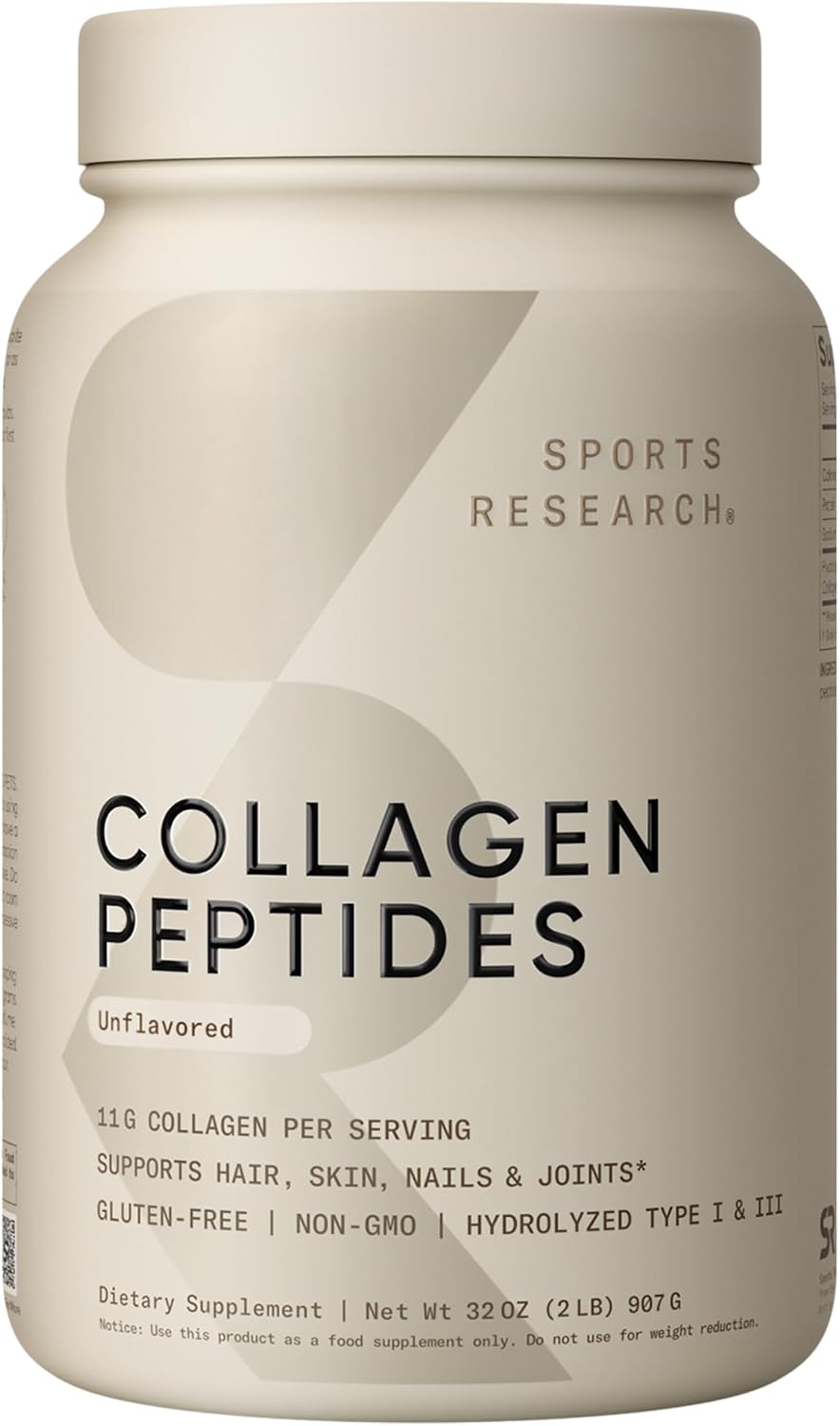 Sports Research® Collagen Peptides Protein Powder, 2lb (Unflavored) | 11g Grass-Fed Collagen per Scoop · Hair, Skin & Joint Support · Easy to Mix in Coffee & Shakes – 82 Servings