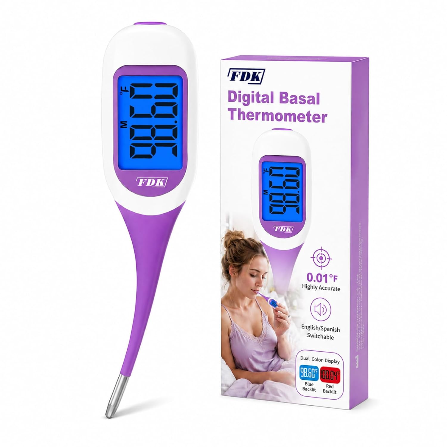 FDK Basal Body Thermometer for Ovulation, Large Dual-Color Backlit Display & 1/100th Degree High Precision, Accurate BBT Thermometer with Memory Recall Fertility Thermometer for Women Natural Tracking