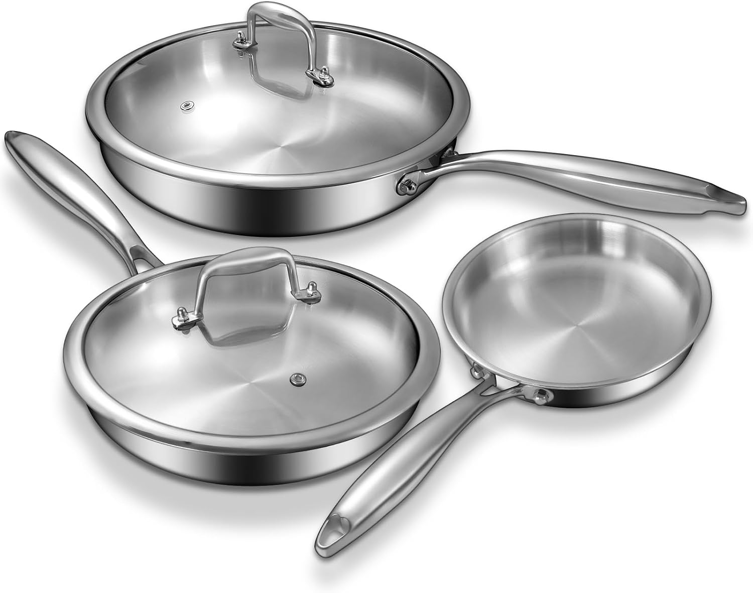 Tri-Ply Stainless Steel Frying Pans Set with Lid, EWFEN 8”/10”/12” Cooking pans, PFOA&PTFE Free Skillet, Induction Cooking Pan, Dishwasher and Oven Safe, Fast & Even Heat, Suitable for All Stove