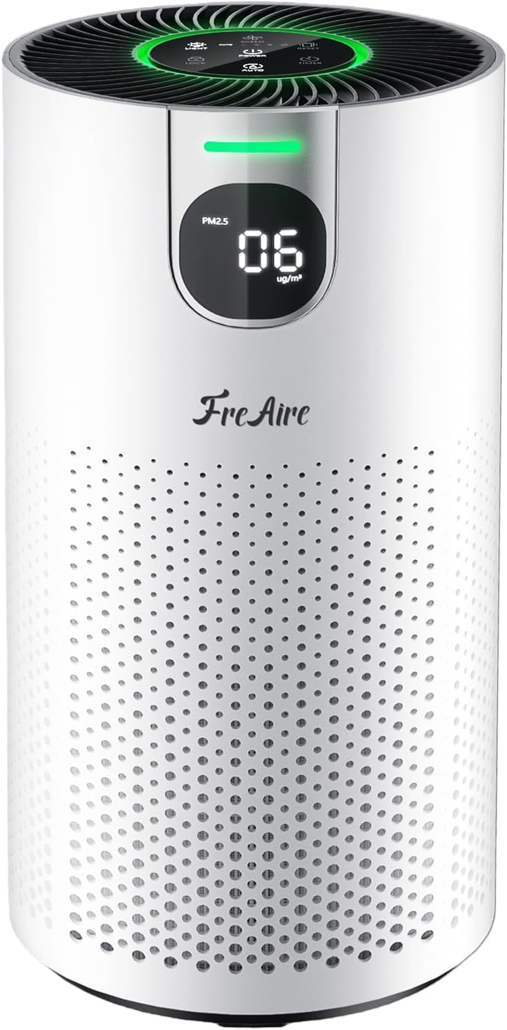FreAire Air Purifiers for Home Large Room Covers up to 1800Ft², VisionAir 20dB Sleep Mode for Bedroom, with Real-Time AQI & PM2.5 Display,360°Intake&Outlet Air Cleaner Pet-Friendly HEPA,HAP606,White