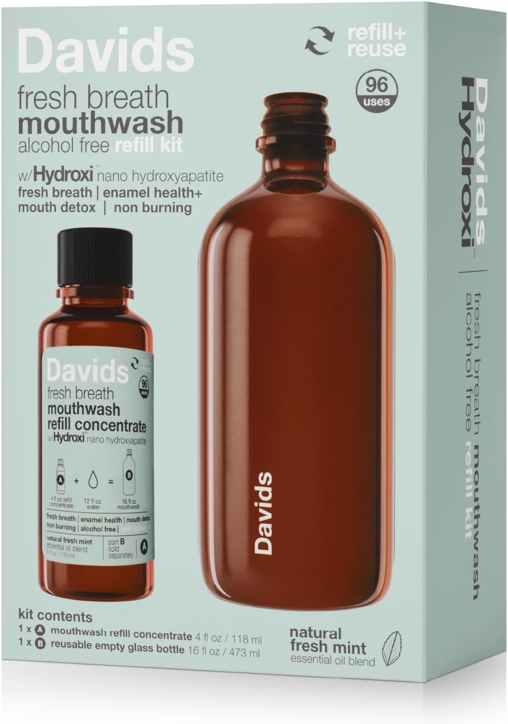 Davids Hydroxi Mouthwash Kit Remineralizing Enamel Health Mint 16 fl oz