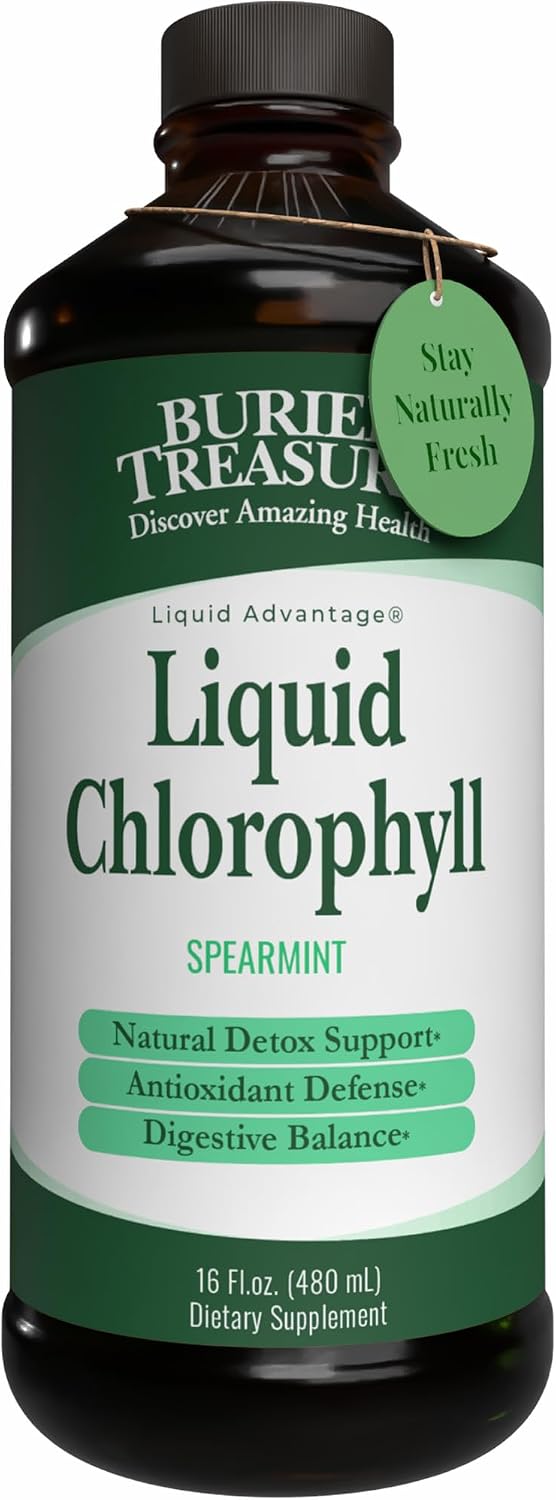 Buried Treasure Liquid Chlorophyll 100 mg Dietary Supplement, Energy Boost Immune Support Detox Intestinal Digestive Support Natural Body Deodorant Vegan Non-GMO Alcohol Free Spearmint Flavor,16 oz