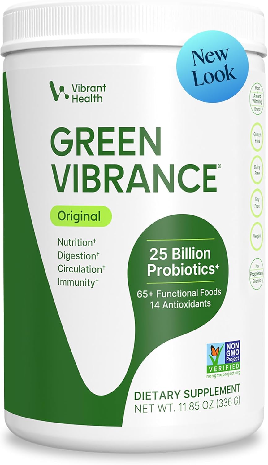 Vibrant Health, Green Vibrance, Includes 65 Plant-Based Superfoods, 25 Billion Probiotics, Fiber, Adaptogens & Enzymes, 30 Servings | Plant-based blend with 65 superfoods, 25 billion probiotics, fiber, adaptogens, enzymes, and mixes easily daily.