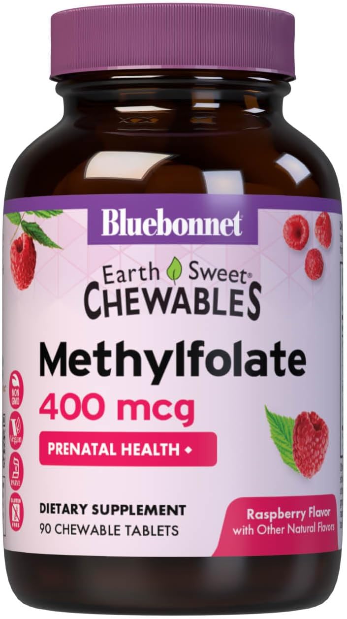 Bluebonnet EarthSweet Methylfolate 400 mcg Cellular Active Coenzyme 5-MTHF L Methyl Folate Supplement – Prenatal & Energy Support* – Non-GMO, Vegan, Gluten-Free – Raspberry – 90 Chewable Tablets