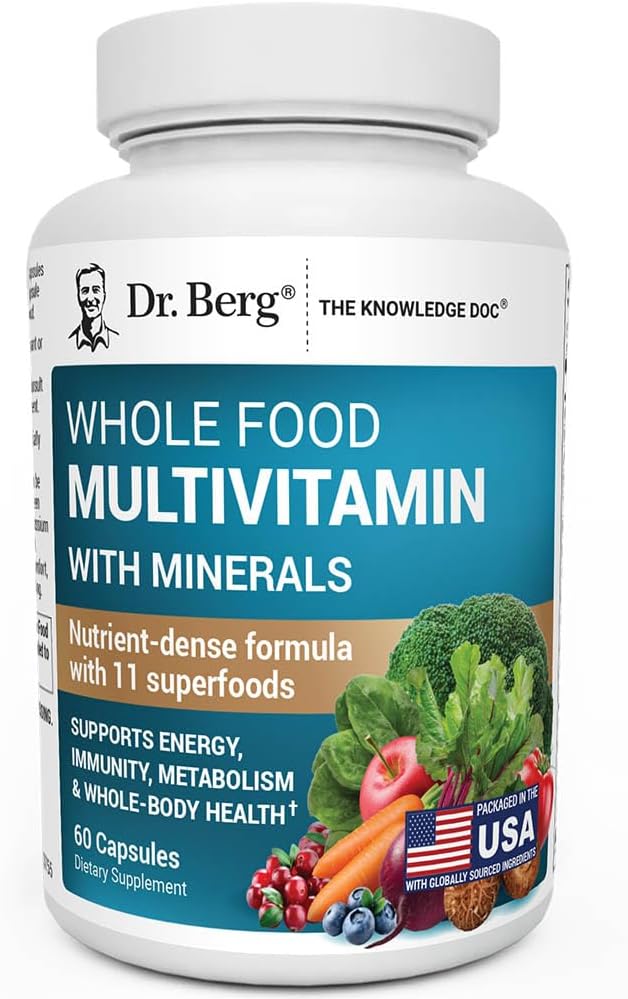 Dr. Berg Whole Food Multivitamin with Minerals – Daily Multivitamin for Men and Women – Includes Premium Whole Food Fruits and Vegetable Blend with Folate, Alpha-lipoic Acid and More – 60 Capsules