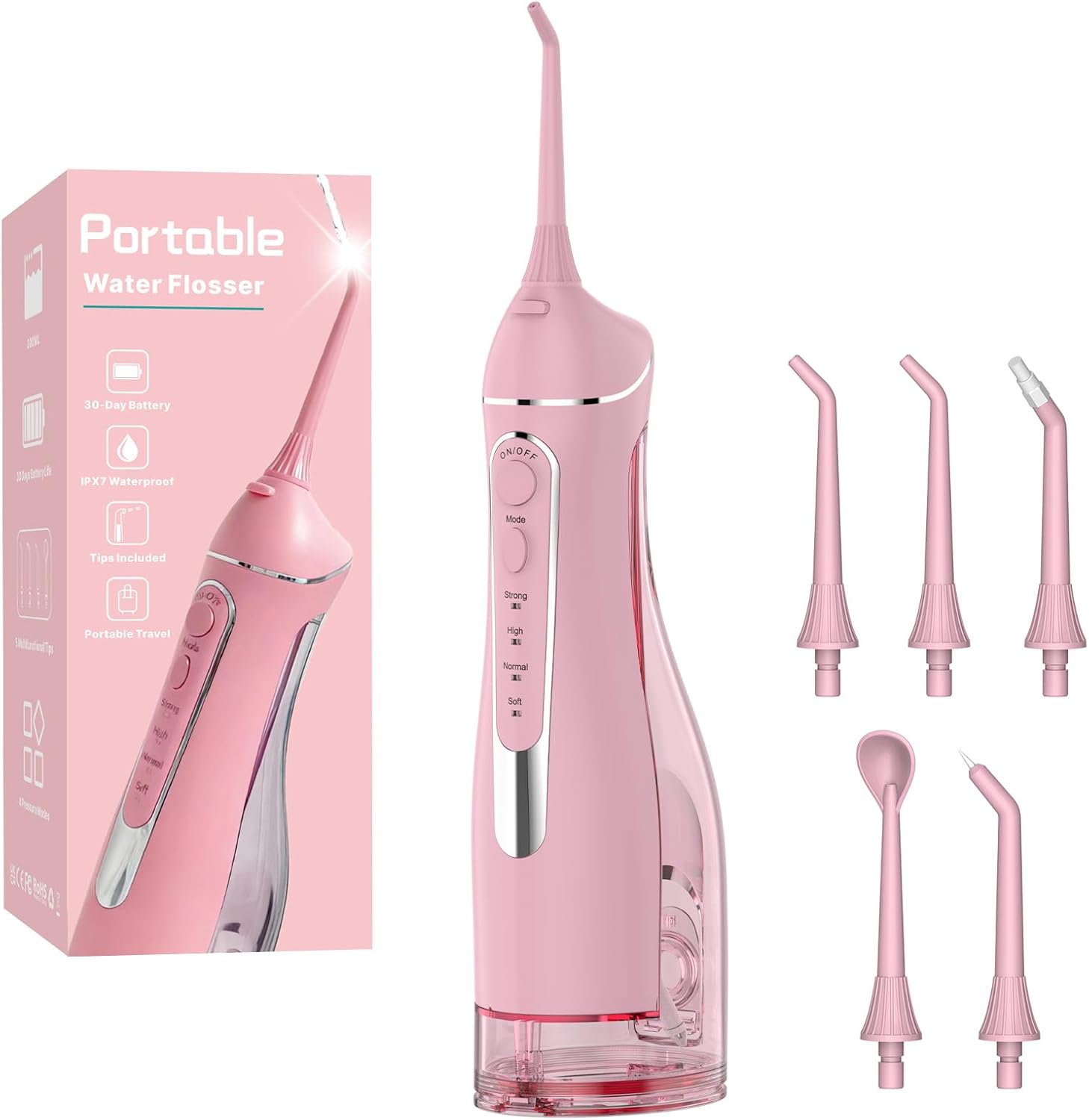 Cordless Portable Water Flosser with 300ML Tank: Rechargeable Oral Irrigator with 5 Tips for Travel, Braces Care and Sensitive Gums, IPX7 Waterproof Teeth Cleaning Device(Pink)