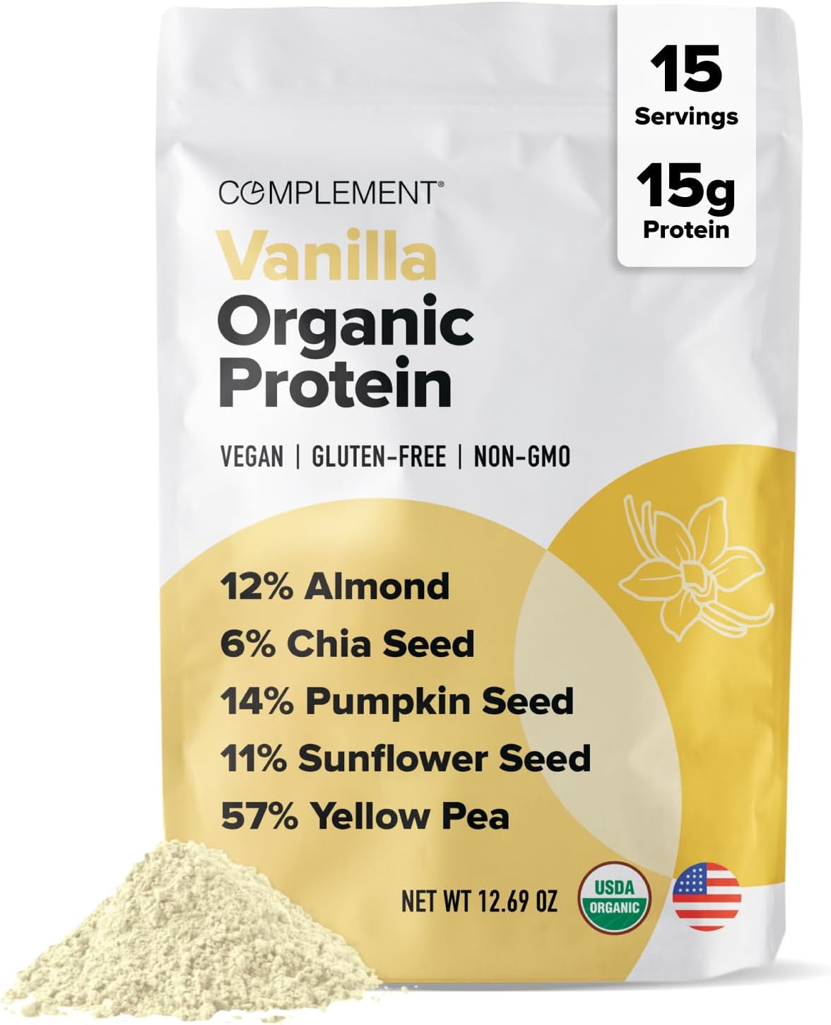 Complement 15g Vegan Vanilla Plant-Based Protein Powder (15 Servings) | Organic Protein Low Carb, Low Calorie, Sugar Free, Soy Free, Non-GMO, Gluten Free – seed beadsw Pea, Pumpkin Seed