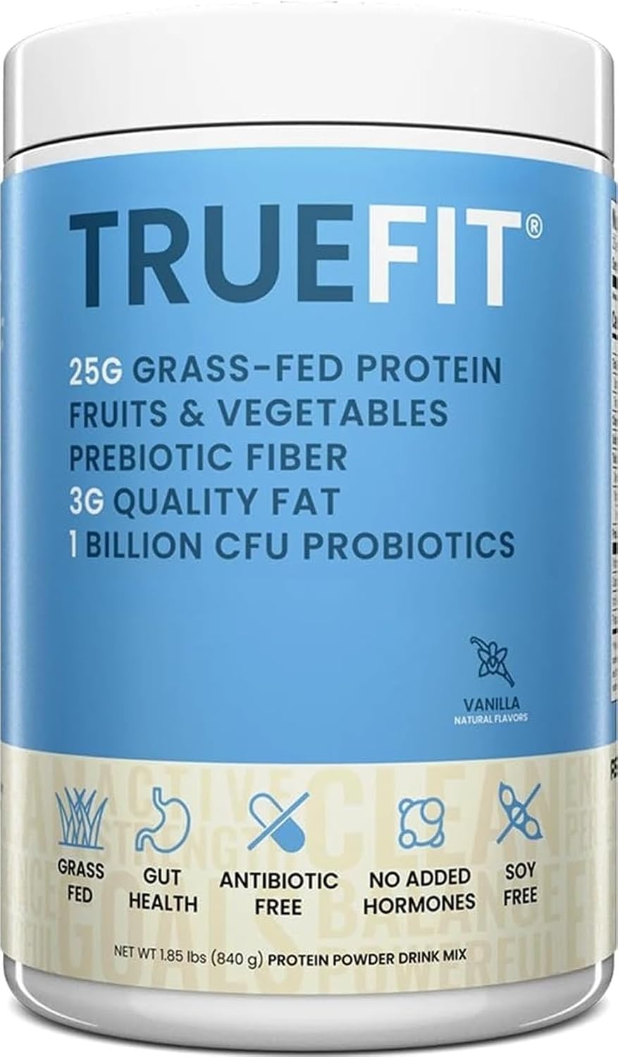 TrueFit Grass-Fed Whey Protein Powder + Fiber & Probiotics, Vanilla Shake