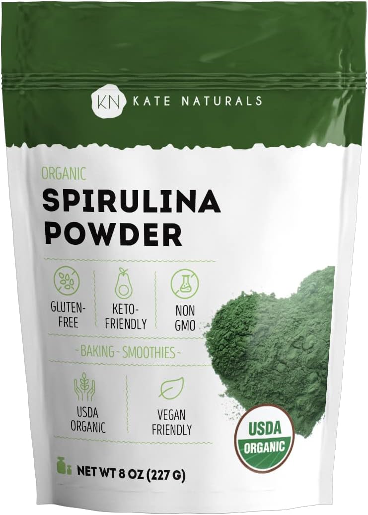 Kate Naturals Organic Spirulina Powder, Nutrient Dense Superfood (8oz) | USDA Certified, Non-GMO, Gluten- Free