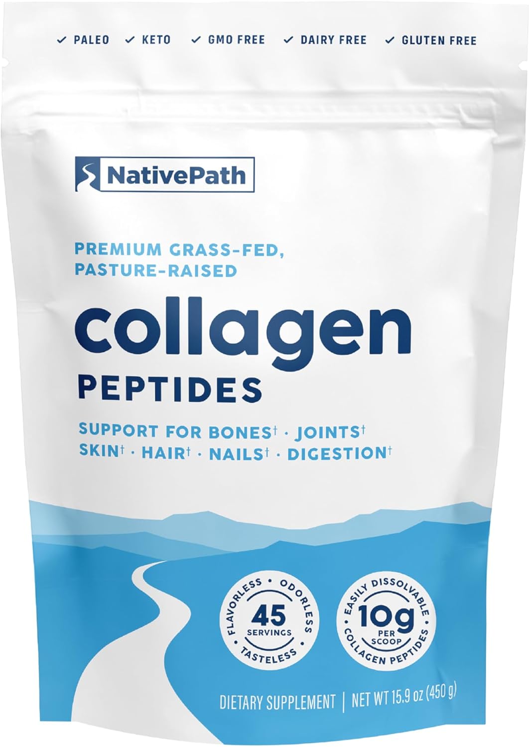 NativePath Collagen Peptides, Grass-Fed Type 1 & 3, 45 Servings | 10g Hydrolyzed Per Scoop, Supports Hair, Skin, Nails & Joints, Unflavored, Women & Men, Keto & Paleo