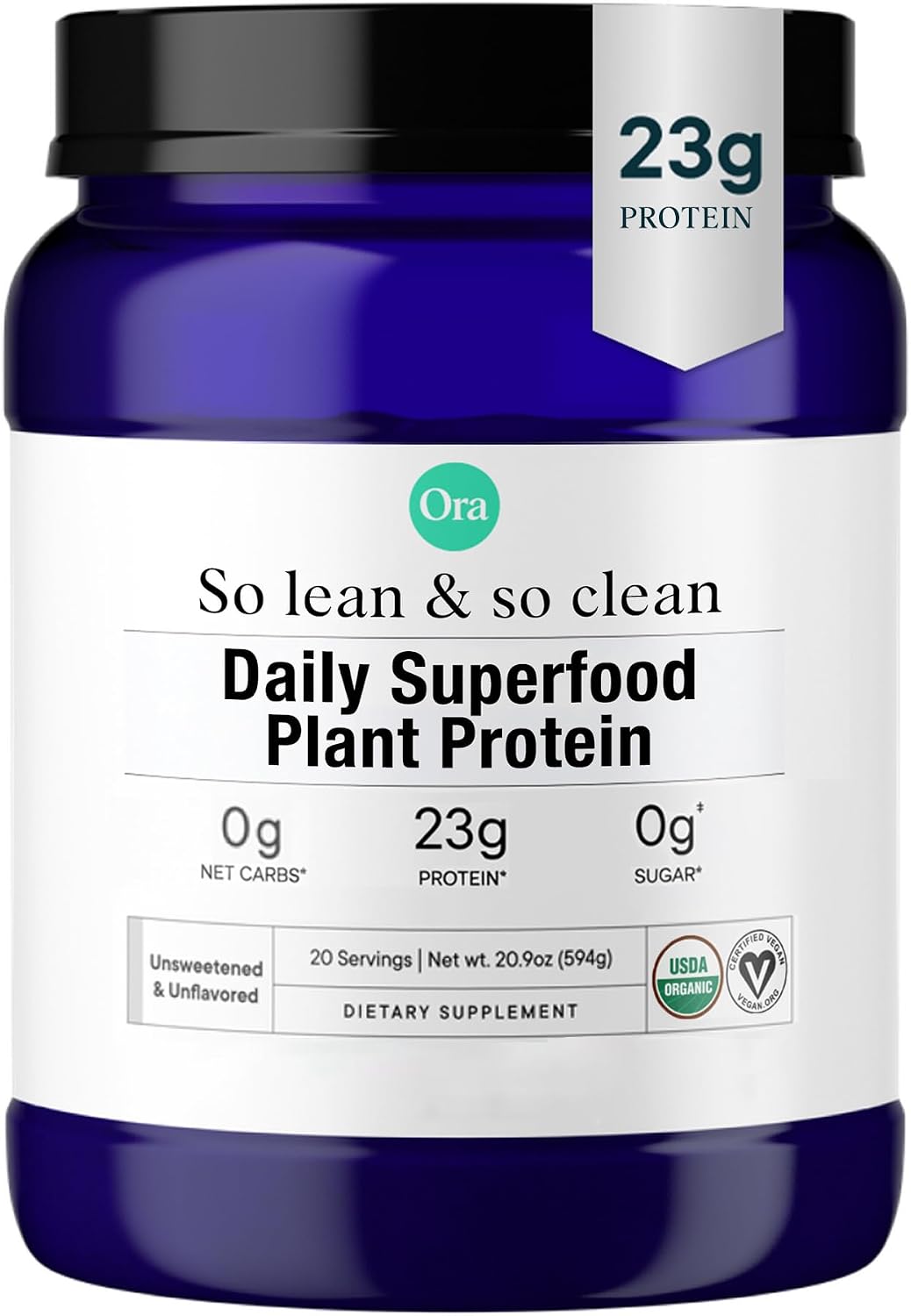 Ora Organic Vegan Protein Powder – 23g Plant Based Pea Protein + Superfood for Women and Men – Unsweetened & Unflavored – 20 Servings, No Erythritol, Keto-Friendly, Gluten-Free, Paleo, Soy-Free