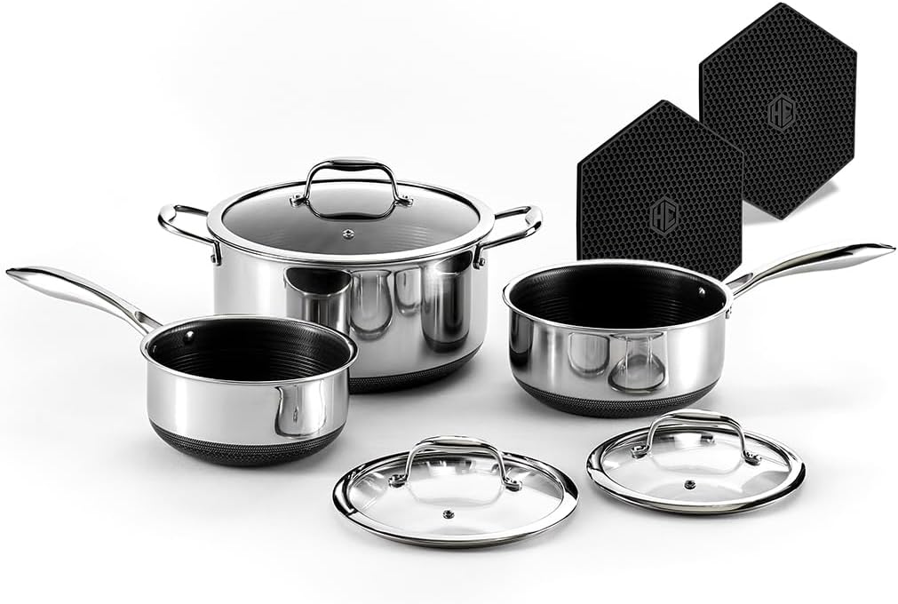 HexClad Hybrid Nonstick 6 Pc Pot Set & Trivets, 2, 3, and 8-Qt Pots & Lids