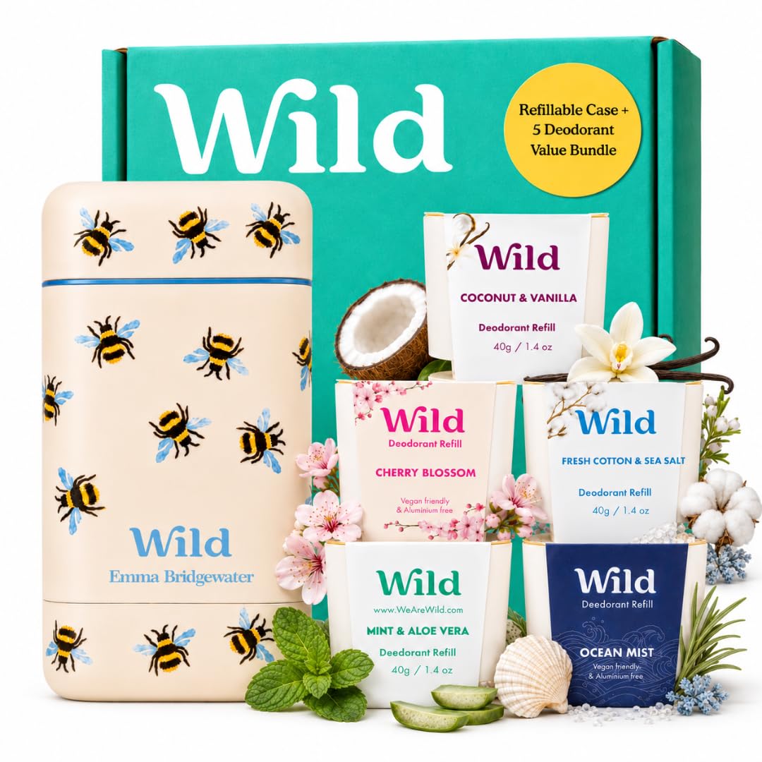 Wild Aluminum Free Natural Deodorant Ultimate Starter Kit – Bee Print Case – Natural Ingredients & 24 Hour Odor Protection – Women’s – Variety of Scents – Case + 5 Refills