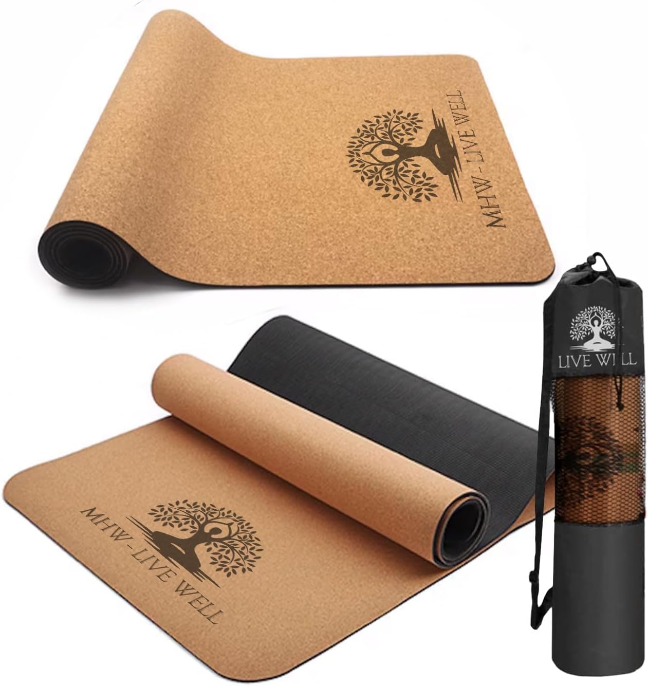 MHW – LIVE WELL Cork Yoga Exercise Mat | Natural Resists Sweat & Odors | Non-Slip TPE Yoga Mat | Extra Comfort for Hot Yoga, Pilates, and Workouts | 6mm Thick, Eco-Friendly