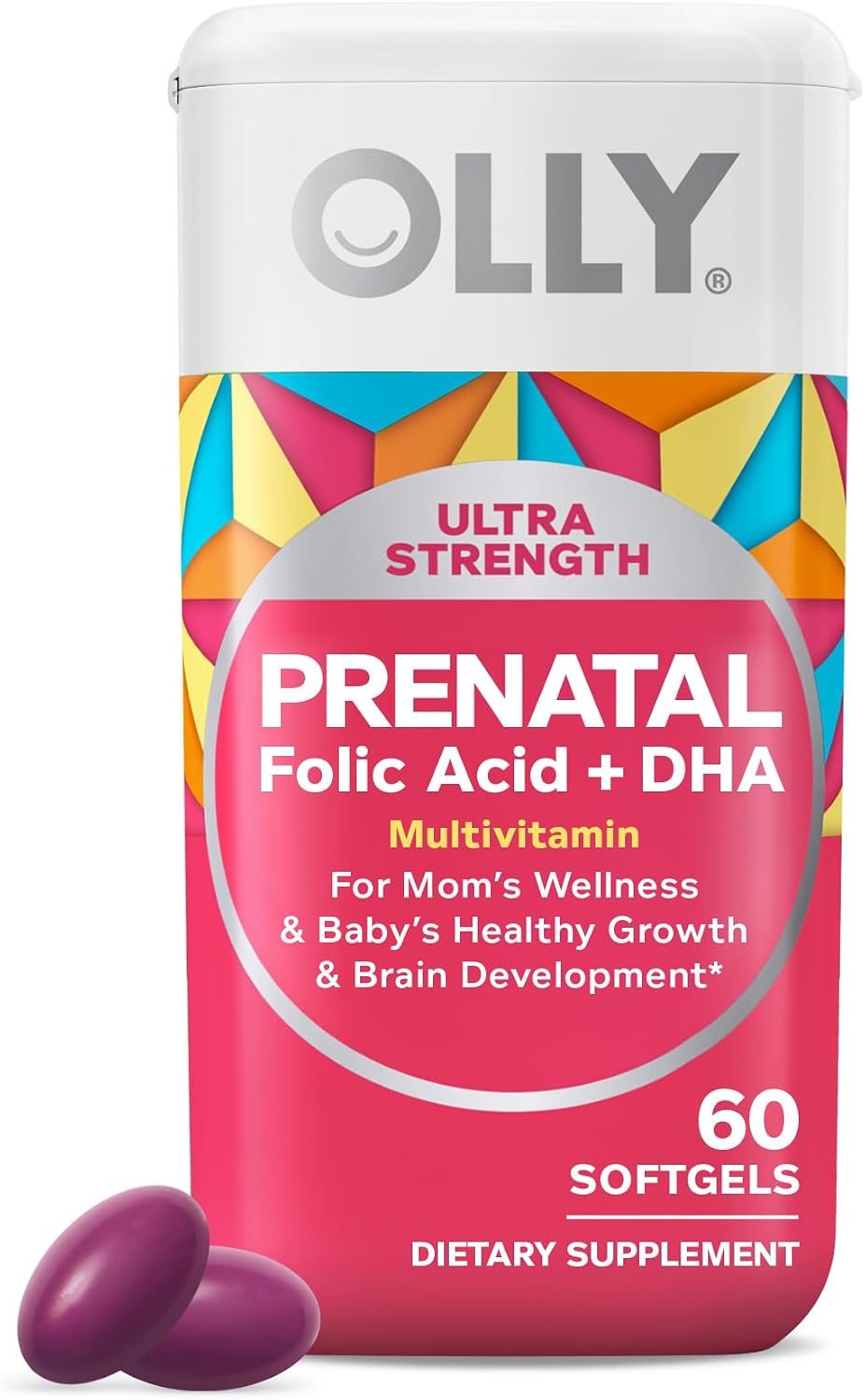 OLLY Ultra Strength Prenatal Multivitamin Softgels, Omega-3s – 60 Count