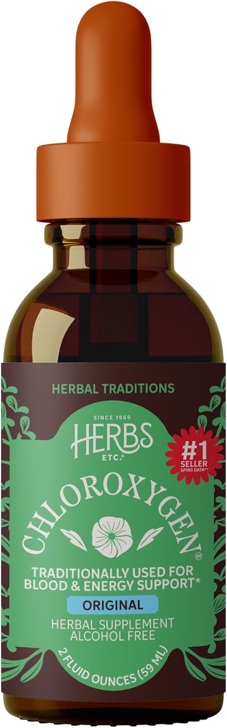Herbs Etc. ChlorOxygen Chlorophyll Concentrate Original Drops, 2 fl oz | Alcohol-Free Liquid Chlorophyll Concentrate Drops, Detoxifying and Deodorizing, Skin, Gut, Energy and Respiratory Support