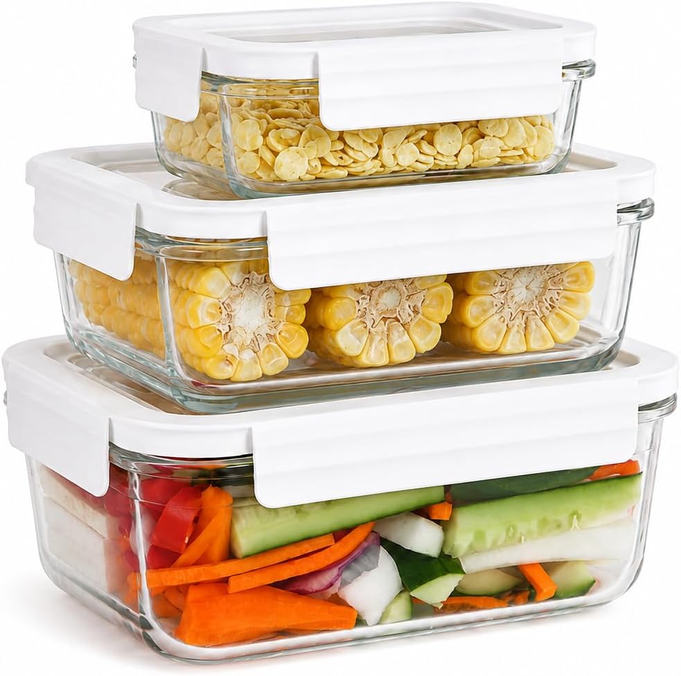 Glass Meal Prep Containers, 3 Pack Set(2×35oz/1050ml + 1×13.5oz/400ml), Borosilicate Glass, Airtight Snap-Lock Lids, Leak-Proof, Oven, Microwave, Dishwasher and Freezer Safe(White)