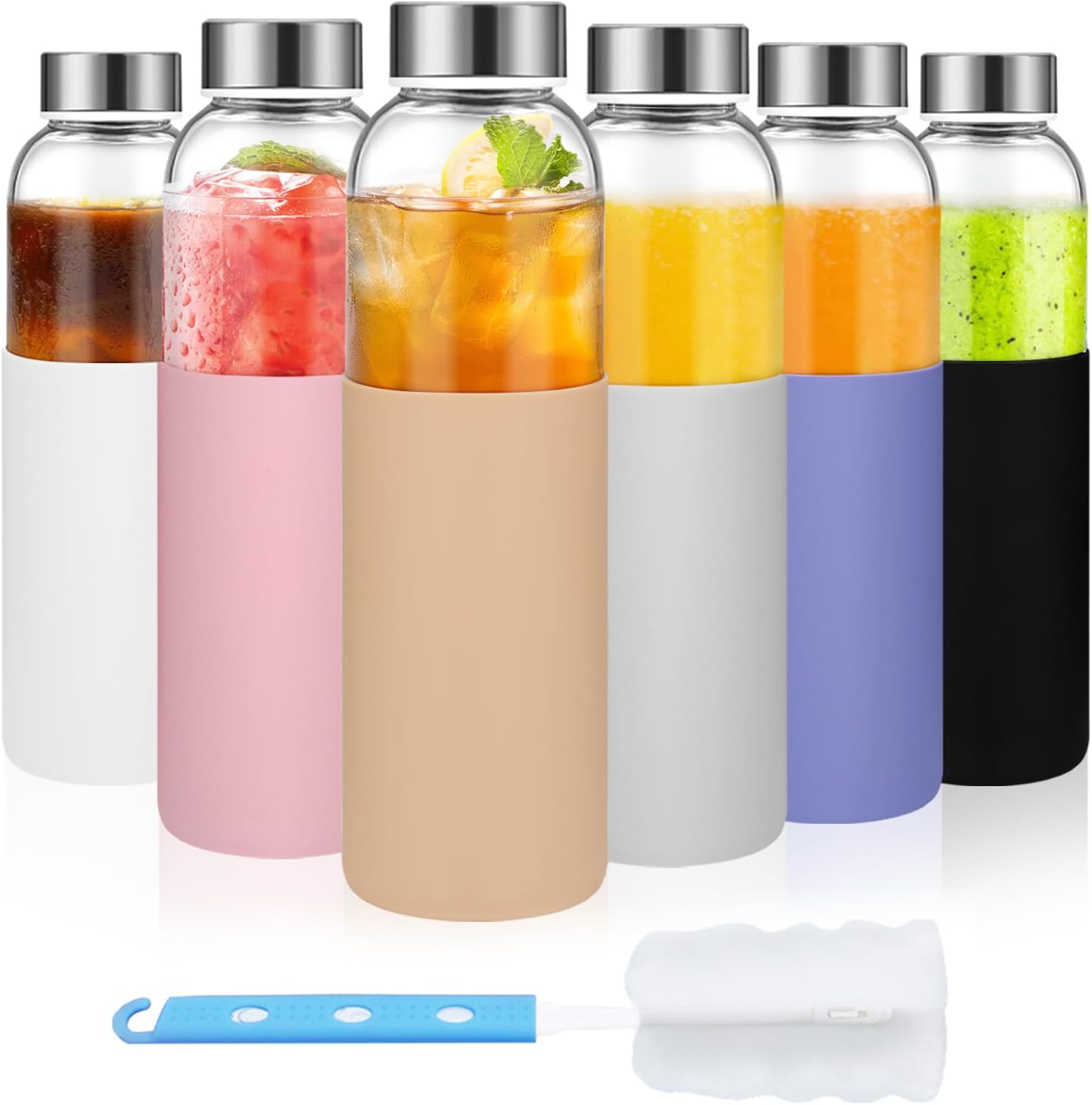 Luxfuel 18 oz Glass Water Bottles with Lids and Silicone Sleeve 6 Pack | Leak Proof Stainless Steel Lids, BPA Free, Reusable Glass Bottles for Juicing, Smoothies & Refrigerator, Dishwasher Safe