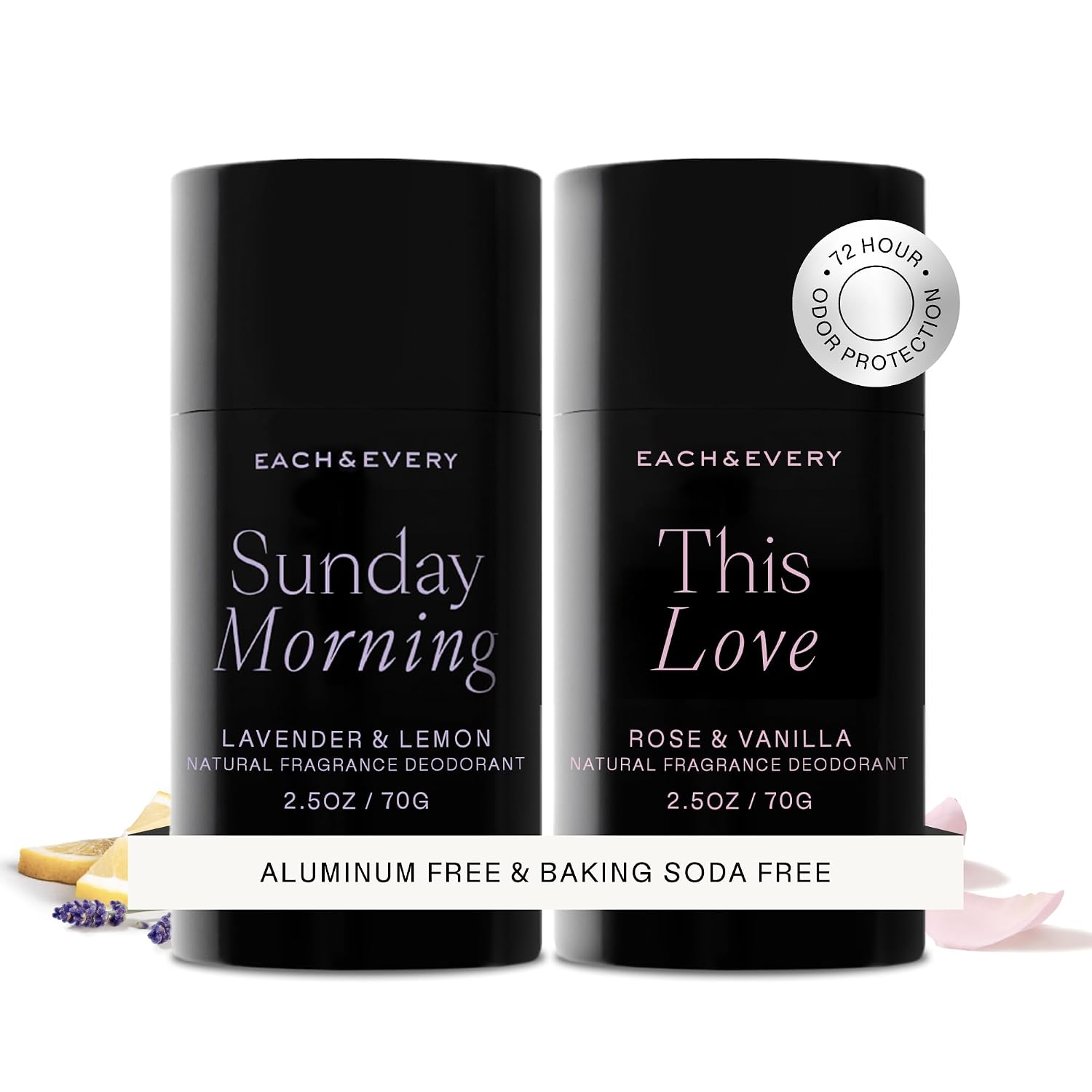 Each & Every Natural Deodorant, EWG Verified & Vegan, 2 Pack (2.5oz) | Lavender & Lemon, Rose & Vanilla, Aluminum-Free Deodorant for Women & Men with 72-Hour Odor Protection, Baking Soda-Free
