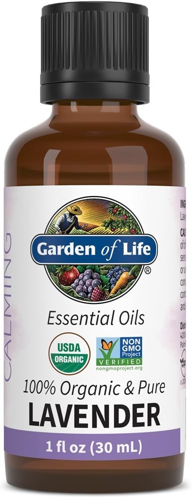 Garden of Life Essential Oil, Lavender 1 fl oz (30 mL), 100% USDA Organic & Pure, Clean, Undiluted & Non-GMO – for Diffuser, Aromatherapy, Meditation, Skincare, Sleep – Calming, Relaxing, Soothing