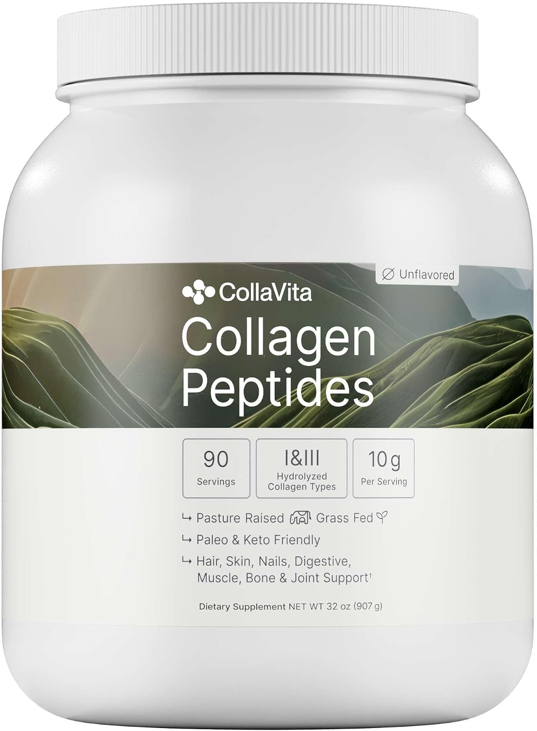 CollaVita Collagen Peptides Powder (3 Month Supply) Grass-Fed Pasture-Raised Hydrolyzed Collagen Powder, Type I & III Hair, Nails, Skin & Joints, Non-GMO, Paleo & Keto, Unflavored, 32 oz. 90 Servings