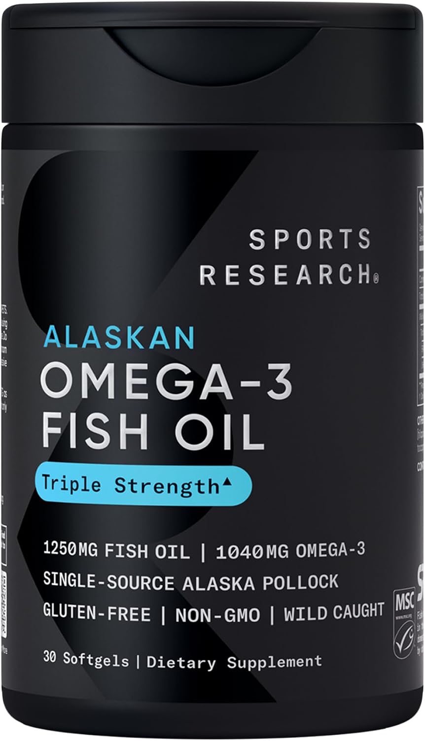 Sports Research® Omega-3 Fish Oil 1250mg from Wild Alaska Pollock, 30 Count